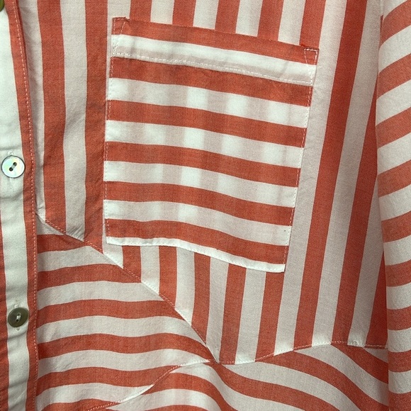 Chico’s Womens Tunic 3 Orange White Splice Stripes Button Up Button Cuff Pockets - Picture 8 of 14
